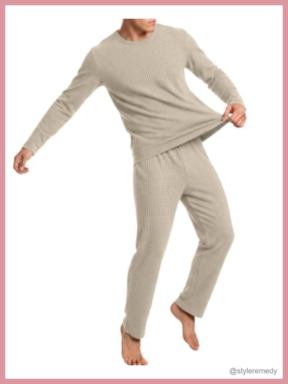 Waffle Knit Thermal Pajama Lounge Set 2 Piece Crew Neck Long Sleeve
